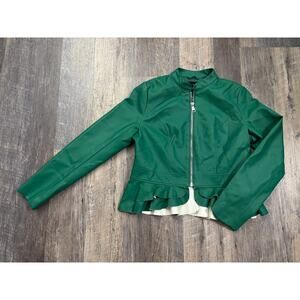 New York & Company Green Faux Leather Peplum Ruffle Moto Jacket Womens Medium M